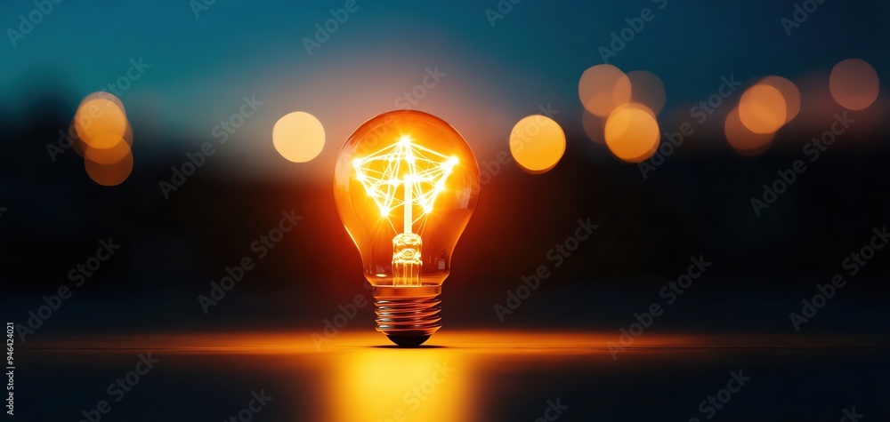 Poster a glowing light bulb with intricate filament design, illuminating a dark background and creating a w