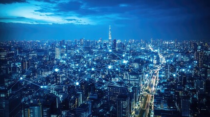 Naklejka premium Concept of internet of things (IoT) with connected devices and sensors overlaid on a cityscape, representing a smart city