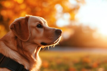 A golden retriever dog gazing thoughtfully in a serene autumn setting with warm hues of orange and soft sunlight.