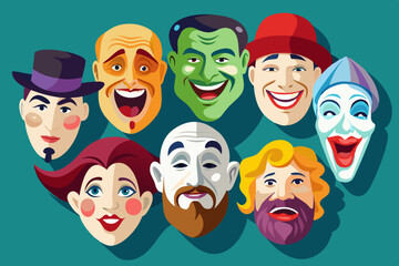 Collection of comedy masks of theater actors, watercolor clipart illustration with isolated background.
