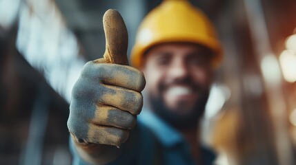 A construction worker with a beaming smile gives a thumbs-up gesture, symbolizing approval and positivity, wearing a yellow hard hat and work gloves in a construction setting.