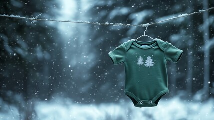 A cozy green baby onesie with tree design, hanging against a snowy forest backdrop, perfect for winter-themed children's apparel.