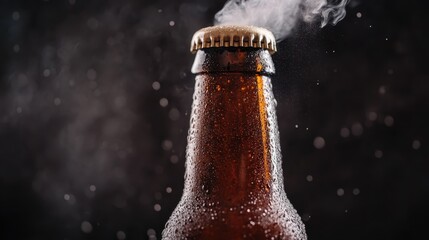 A close-up of a cold beer bottle with condensation droplets forming on its surface, highlighting the refreshing and enticing appeal of a chilled beverage ready to be enjoyed.