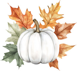 Watercolor white pumpkin with autumn leaves. Generative AI.