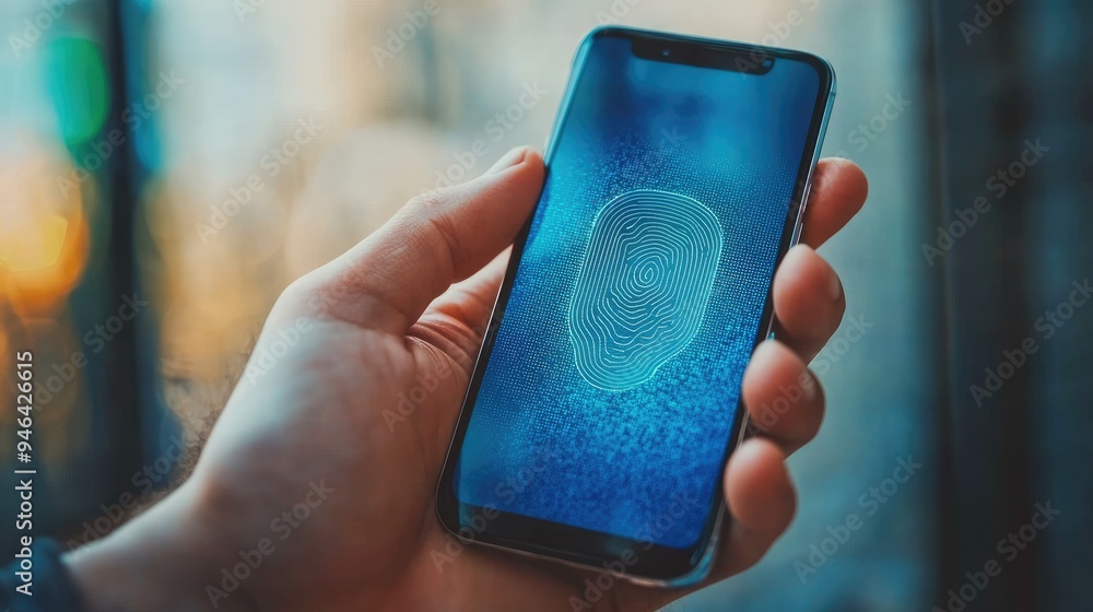 Poster hands holding a smartphone, using a mobile banking app with security features like fingerprint recog