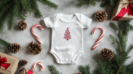 Adorable holiday baby onesie on soft textures, surrounded by pinecones, candy canes, and gift wraps for festive moments.
