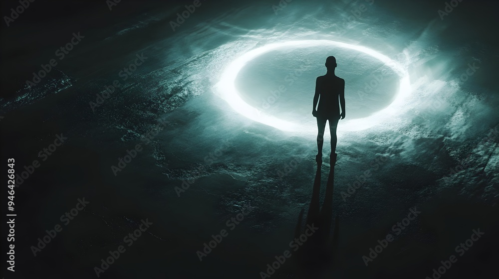 Poster conceptual image of a figure surrounded by a radiant halo of light casting long dramatic shadows in 
