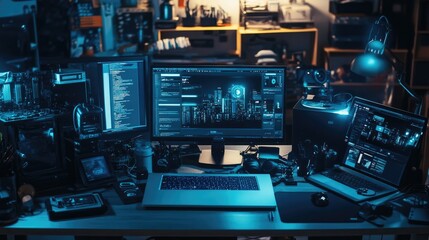 Fototapeta premium High-tech workspace with a laptop, monitor, and various gadgets, showcasing modern digital tools and organization