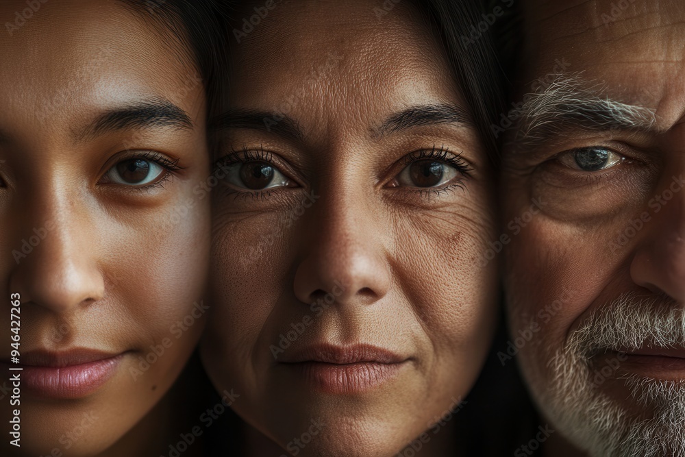 Poster Three people of varying ages showcase their unique expressions, highlighting the diversity of human emotions through their intense gazes and subtle features. Generative AI