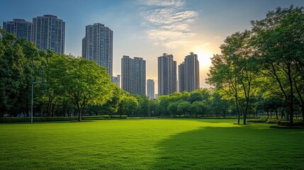 Obraz premium A green urban park with well-maintained lawns and trees, providing a refreshing contrast to surrounding city buildings and adding natural beauty to the scene.