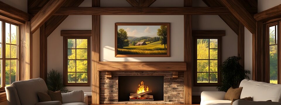 Rustic farmhouse living room interior with wooden beams and cozy fireplace featuring a mockup frame displaying a pastoral landscape painting  The natural lighting and warm tones create a 3D render