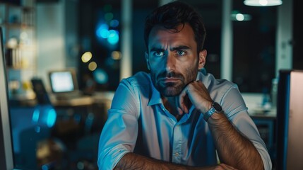 Obraz premium A man sitting at a desk in front of a computer at night