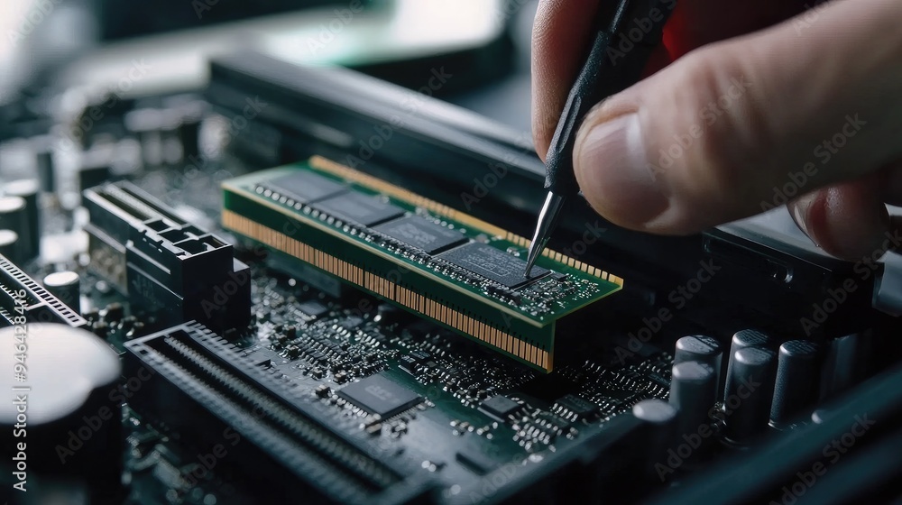 Aufkleber it technician installing ram in a desktop computer, with internal components and tools visible