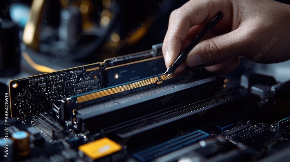 Aufkleber it technician installing ram in a desktop computer, with internal components and tools visible