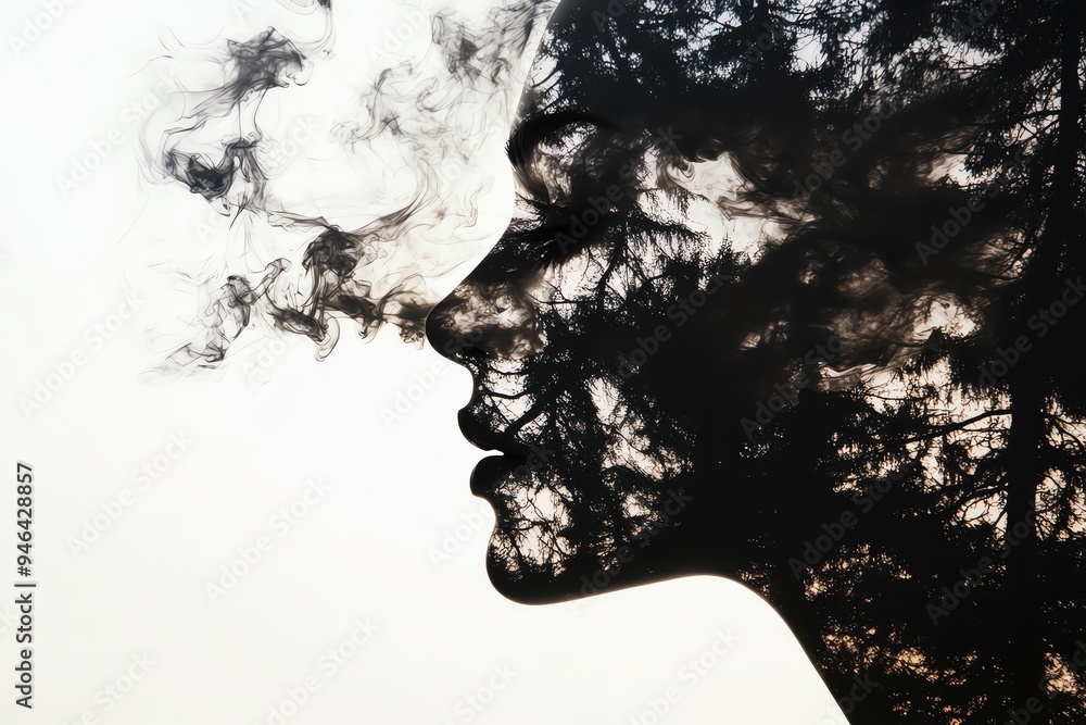 Poster A silhouette of a face blended with smoke and trees, creating a surreal and artistic representation of nature and identity.