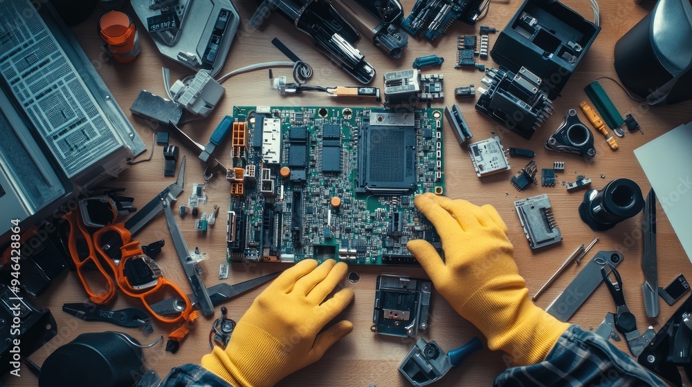 Poster it professional upgrading hardware in a server, with internal components and tools laid out on a des