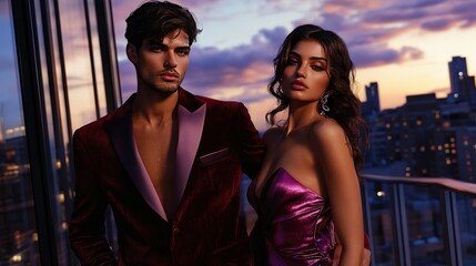 A male and female business team presenting in a modern office space, the man in a crisp suit and the woman in a tailored blazer and slacks, both pointing at charts on a large screen during a meeting.