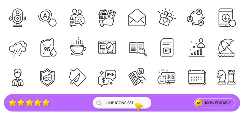 Rainy weather, Medical tablet and Love gift line icons for web app. Pack of Search text, Ab testing, Beach umbrella pictogram icons. Calendar, Credit card, Stats signs. Consulting. Search bar. Vector