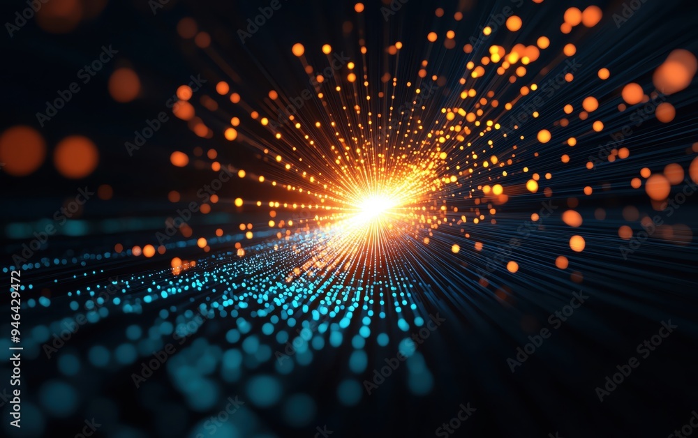 Poster a stunning visual representation of light particles emanating from a central point, creating a capti