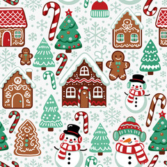 Christmas seamless pattern, wallpaper, background with snowman, Christmas tree, gingerbread house, snowflakes and candy cane. Winter wrapping paper, vector print