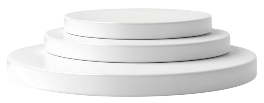 White Circular Pedestals: A minimalist trio of circular platforms in pristine white, arranged in descending size, creating a visually striking and versatile display for showcasing products or artwork.