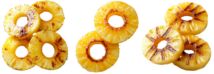 Grilled Pineapple Rings: A vibrant arrangement of golden pineapple rings, perfectly grilled with caramelized edges, exudes a sweet, tropical aroma, isolated on transparent background. 