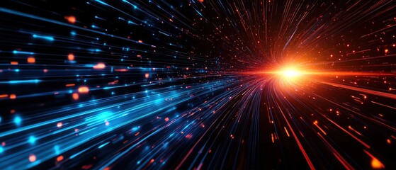 Fototapeta premium A vibrant blue and orange burst of light, depicting dynamic motion and energy in a cosmic space.