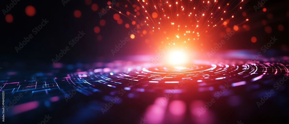 Poster a vibrant burst of light with colorful particles creating a mesmerizing digital effect on a dark bac