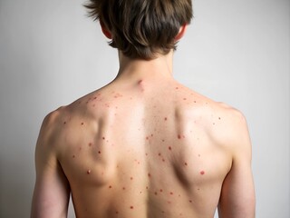 Naklejka premium Close-up of a young person's back covered with acne and red spots, highlighting skin issues and dermatological concerns on a neutral background.
