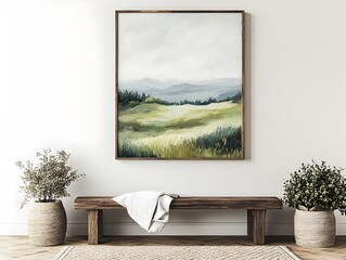 Rustic Farmhouse Living Room with Abstract Landscape Painting Mockup Frame   Muted Color Palette Expressive Brushstrokes Cozy Textured Rug and Moody 3D Render
