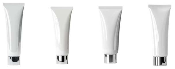 Blank White Squeeze Tubes Mockup: A clean and minimalist set of blank white squeeze tubes with silver caps, perfect for showcasing your product design or branding, isolated on transparent background.
