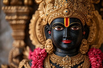 Close-up of a black statue of Krishna, adorned with gold and flowers.