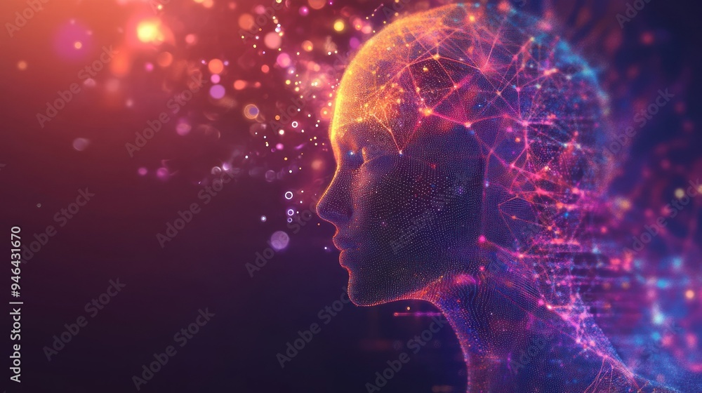 Poster abstract digital human profile with glowing lights and particle effects