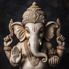 Closeup of a traditional Ganesha statue, Hindu deity of wisdom and prosperity.