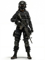 A woman in a black uniform holding a rifle and wearing a helmet