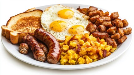 A hearty American breakfast platter with scrambled eggs, sausage links, hash browns, and toast, laid out on a white plate against a white background.