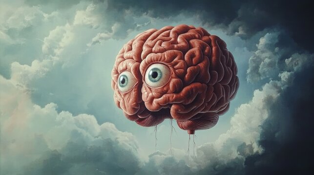 the brain with eyes is hanging in the air