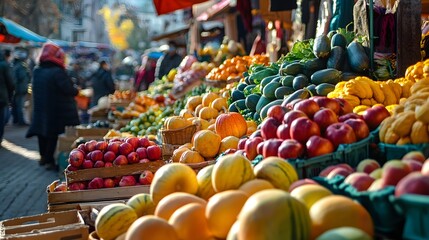 42 Colorful bustling outdoor market selling seasonal produce apples squash pumpkins vendors warm fall clothing