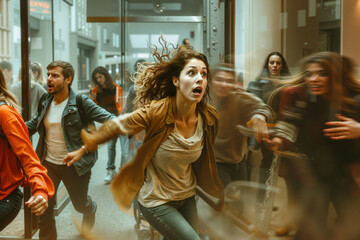 A group of people running through a glass door