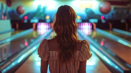 A woman standing in a bowling alley looking at a bowling ball