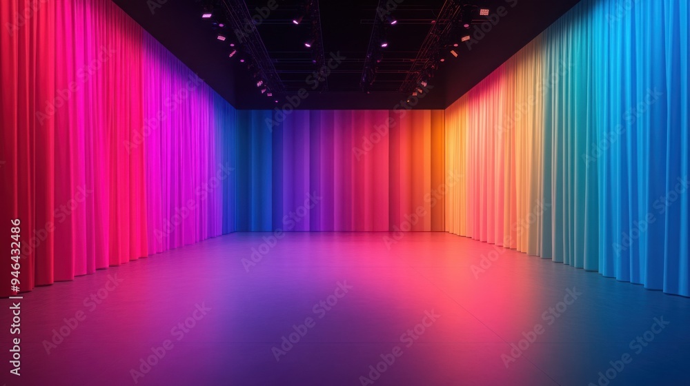 Poster bold color shifts: rapid shifts in bold colors creating a dynamic and visually engaging stage experi