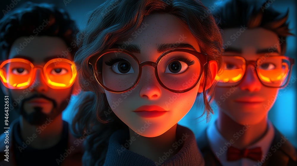 Aufkleber three holographic avatars with distinct features and expressions stand together, illuminated by colo