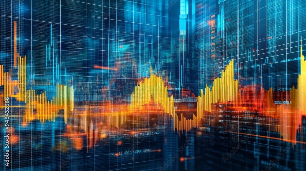 Poster A high-resolution image of a financial graph with multiple lines and bars, overlaid on a stock market background, showcasing complex data visualization.