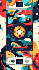 A stylized VHS tape is surrounded by swirling, colorful patterns and abstract designs, creating a lively retro aesthetic