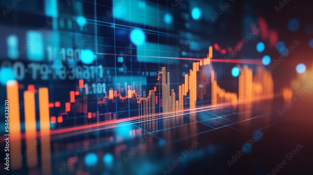 Poster A high-resolution image of a financial graph with multiple lines and bars, overlaid on a stock market background, showcasing complex data visualization.
