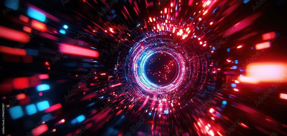 Poster a vivid representation of light and color blending in a tunnel-like effect, evoking a sense of speed