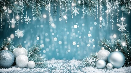 Winter wonderland backdrop with blue tones, holiday decorations, snowflakes, and ornaments created for festive celebrations