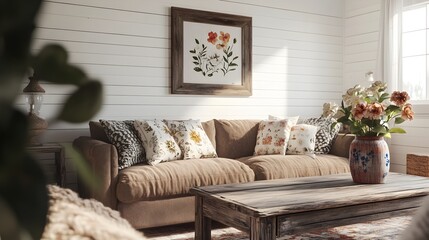 Obraz premium Rustic farmhouse living space featuring a white shiplap accent wall overstuffed suede sofa repurposed wood coffee table floral ceramic vase