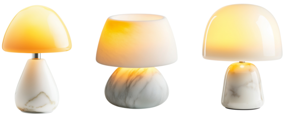 Glowing Mushroom Trio: Three elegant marble table lamps, each with a unique shape and a warm, isolated on transparent background, perfect for adding a touch of modern sophistication to any room. 
