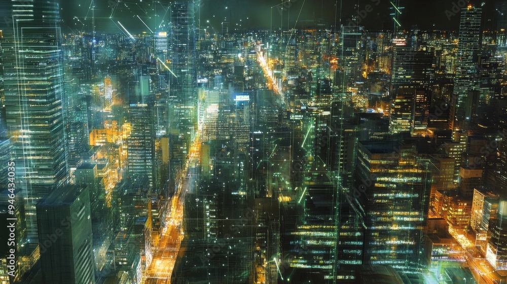 Poster a high-tech cityscape with visible wireless signals and network connections overlaid, illustrating t